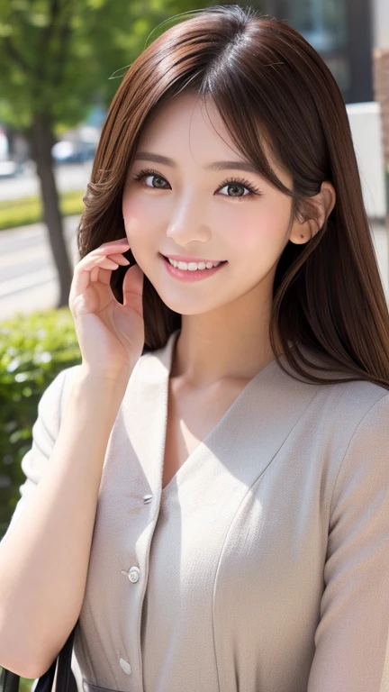 highest quality, figure, Ultra-detailed, finely, High resolution, 8K Wallpaper, 完璧なダイナミックな構figure, ((Sexy pose)), Beautiful Skin, (Big Eyes), 20 year old beautiful girl, Natural color lip, Mid chest, smile, Highly detailed face and skin texture, Detailed eyes, Double eyelid,leaking teeth and laughing, close-up, profile, Brown medium hair, (Striped jacket), (shirt:1.2), Tree-lined street