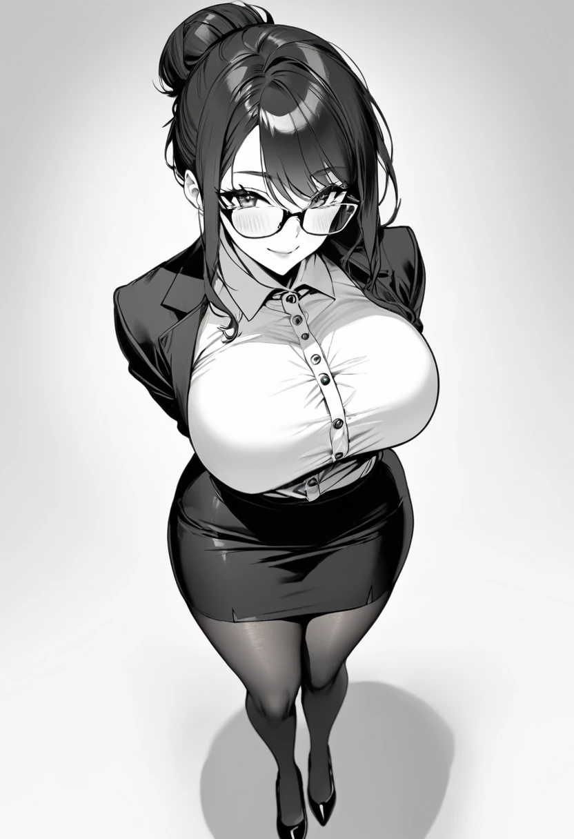 ((Best Quality)), ((masterpiece)), (detailed), (One girl), Sexy, height１６８Busty housewife with black hair and a bust of 100cm, Mature Woman, (((Black hair bun))), Mature Woman, Rocket Boobs,  Long, gentle eyes, Glasses, White blouse with ruffled collar, White background, tight black pencil skirt, Serious female teacher, smile, Standing full body shot, Black pumps, Black Pantyhose, Monochrome Background