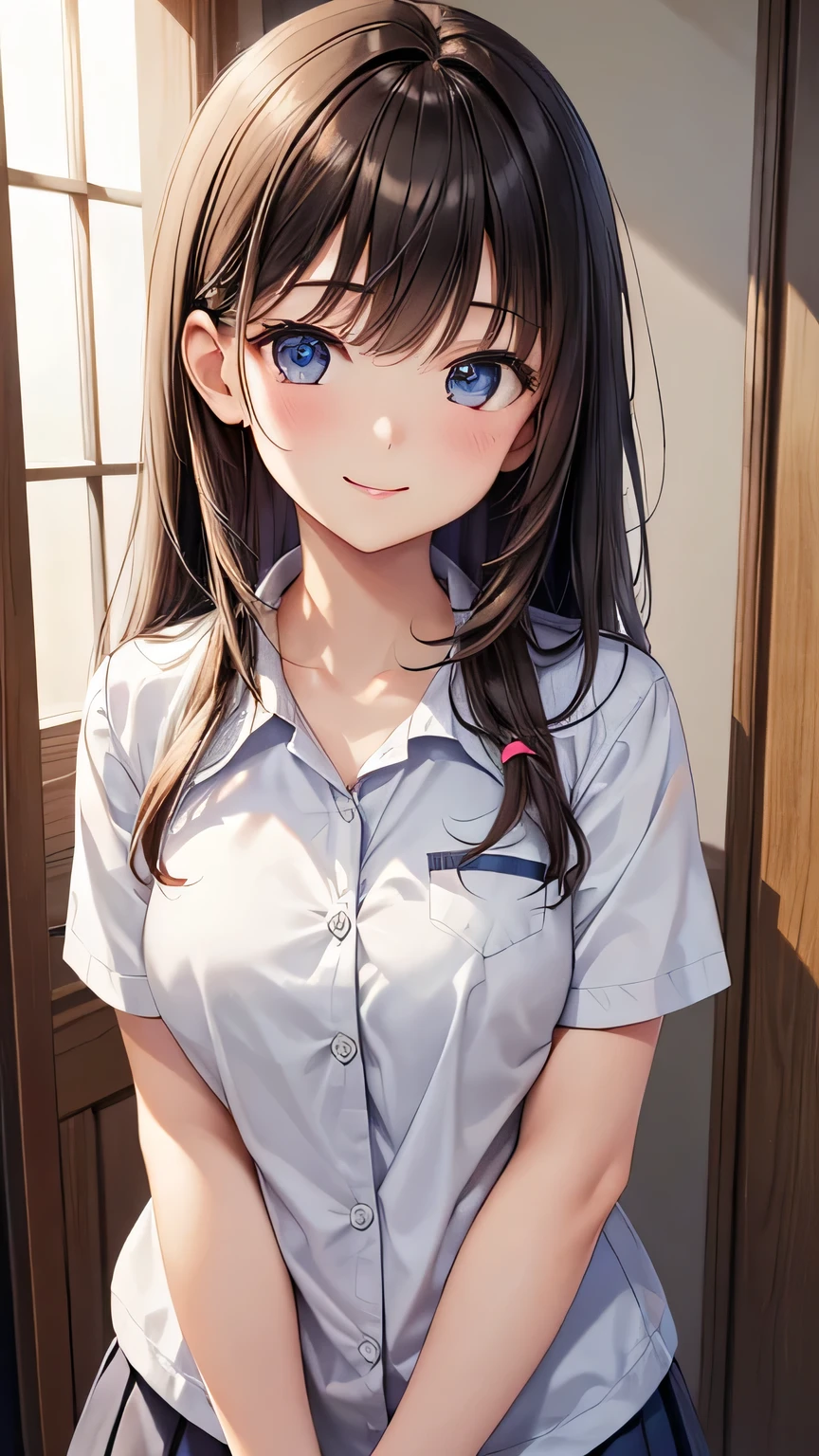 student、brown haired、beautidful eyes、real looking skin、hi-school girl、、(8K、masterpiece)、(reallistic、Photorealsitic)、top-quality、ighly detailed、The ultra-detailliert、Beautie、cute little、japanes、A smile、Close-up portrait、Healthy face、、plaid skirts