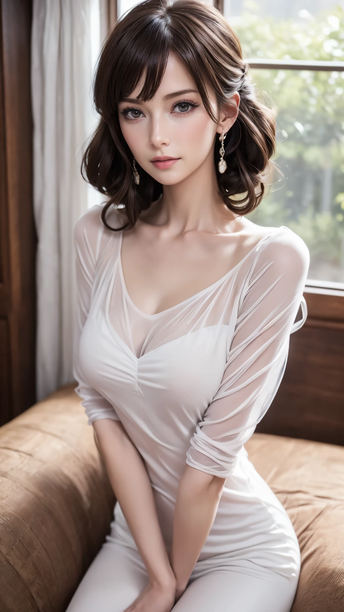 ((Best Quality、8k、masterpiece:1.3)), Long legs, Sharp focus:1.2, beautiful woman with perfect figure:1.4, Slim abs:1.1, ((Dark Brown Hair))
, Highly detailed face and skin texture, Fine grain, Double eyelids, Poses that accentuate the chest, (See-through:1.3), Long slip, nude, Nipples, Large Breasts, (((Very elegant and beautiful, Perfect detail, Very detailed))), whole body, Most detailed, Written boundary depth, beautifully detailed whole body, Thin legs, 40 years old, Long Hair, Spiked Hair,  beautiful detailed hair, Perfect Face, Expressionless, beautiful, detailed, deep eyes少し口を開けてください, Delicate arms and hands, Pale skin, Colorful background, HD Backgrounds, Blurred Background, Very delicate and beautiful, masterpiece, (((Best Quality, Very beautiful 8K CG wallpaper))), (((Trendy hairstyles))), (Inside the room,Stylish interior,window),