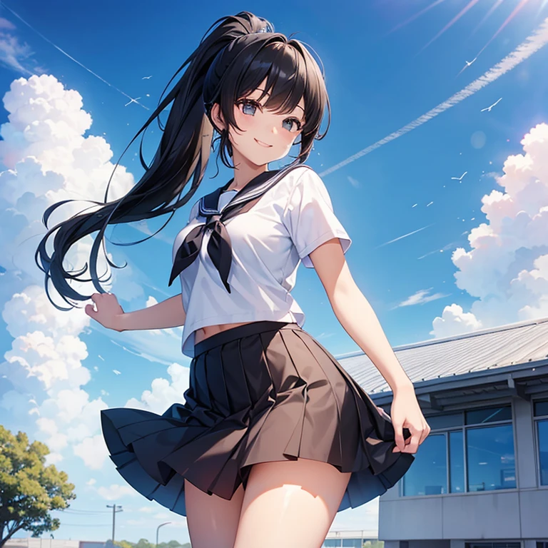 Full nudity,Show,masterpiece, highest quality, High resolution, One girl, alone, Sailor Pluto, (Fluffy hair), (Flowing Hair), (Single Ponytail)), Elbow hand pockets, Head ornament, Pleated skirt, bow, (Black sailor collar), White gloves, jewelry, Earrings, Cowboy Gun, smile, Grassland in the background, Blue sky and white clouds, headgear, Pause