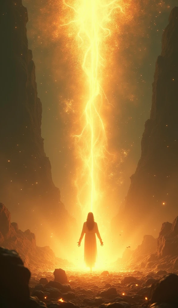 A dark and mysterious underground cavern, lit by glowing runes on the walls. In the center of the cavern is an ancient altar, upon which rests a golden sphere surrounded by vibrant energy. Aline stands before the altar, her arms raised, reciting an incantation. The atmosphere is charged with magic, with golden lightning illuminating the cavern.