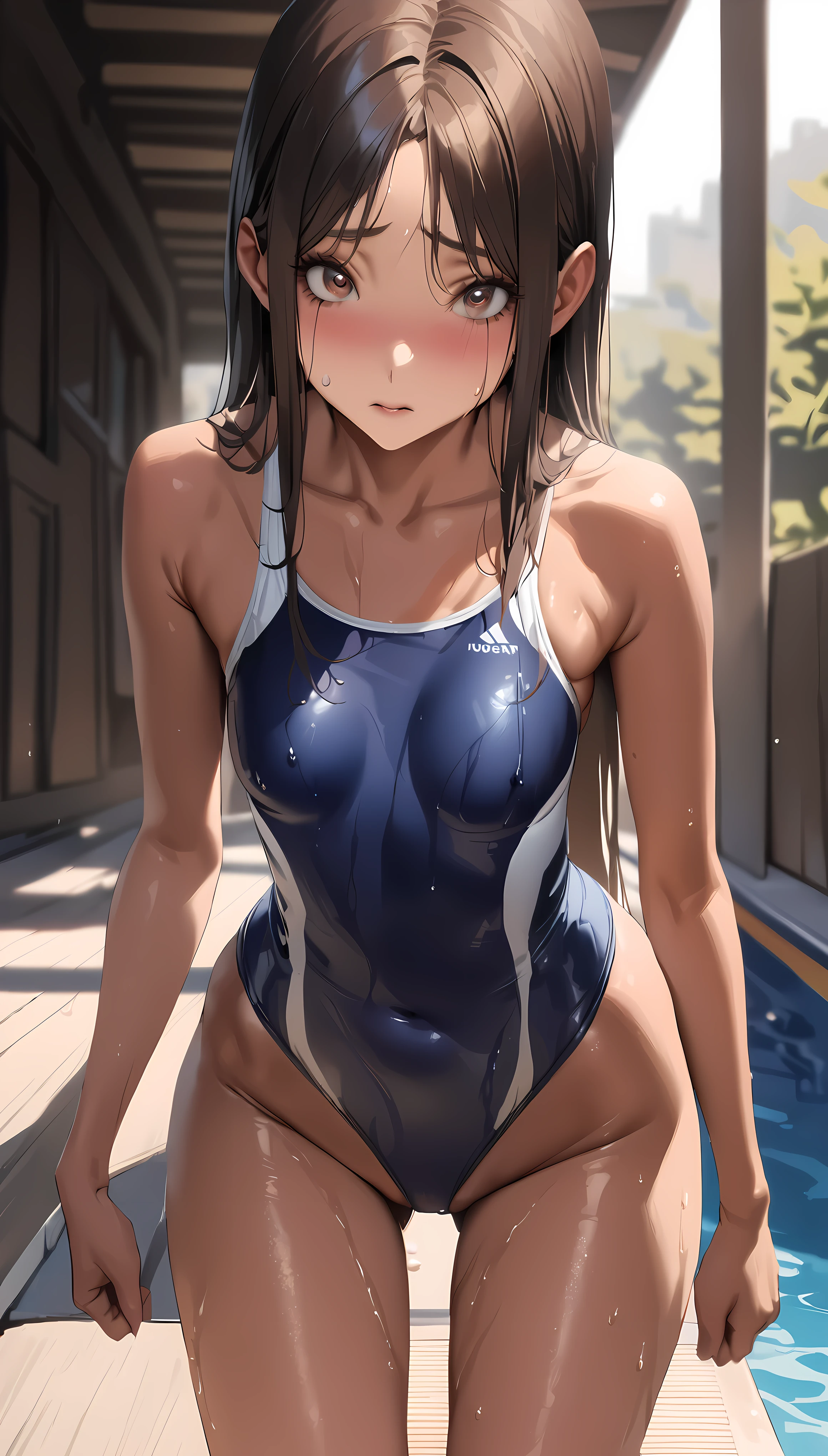 (((Completely naked body)))、(((Large open legs)))、lovelive、Kasumi Chushuu、 masutepiece, Best Quality, Solo, 1girl in, day, Indoor pool, High School Pool, in poolside, blush, Cameltoe, plaid hair, aqua eyes, Black hair, ((naked girl )), Wet, Cowboy Shot, (close up of face, Portrait), Open mouth, from behind, Ass, Bending over, Ass focus,