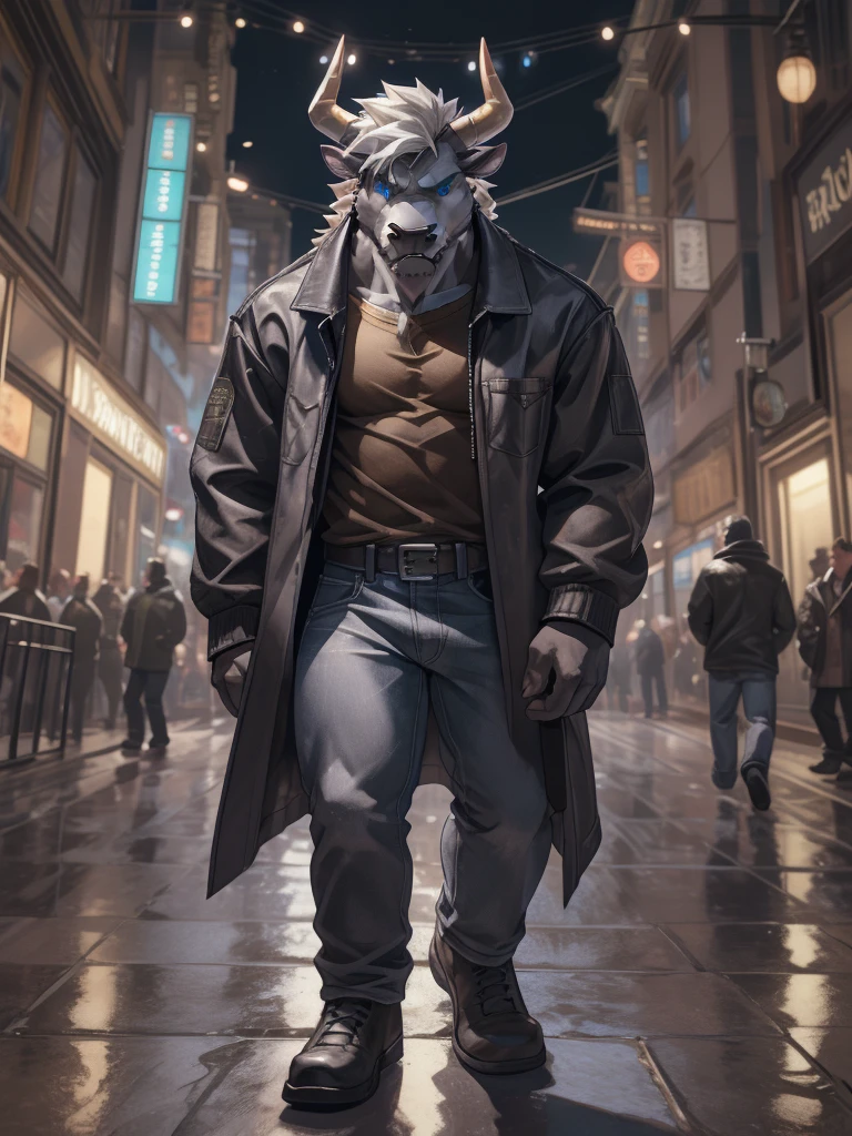 Masterpiece, Solo, (dark grey bull, A Pair of tan horns,  white hair), Blue eyes, Muscular Body, Handsome, septum piercing,  Good Looking, Adult, Fierce, Smirking, Brown Shirt, Jean, Jacket, Furry Street Background with show the floor,full body.