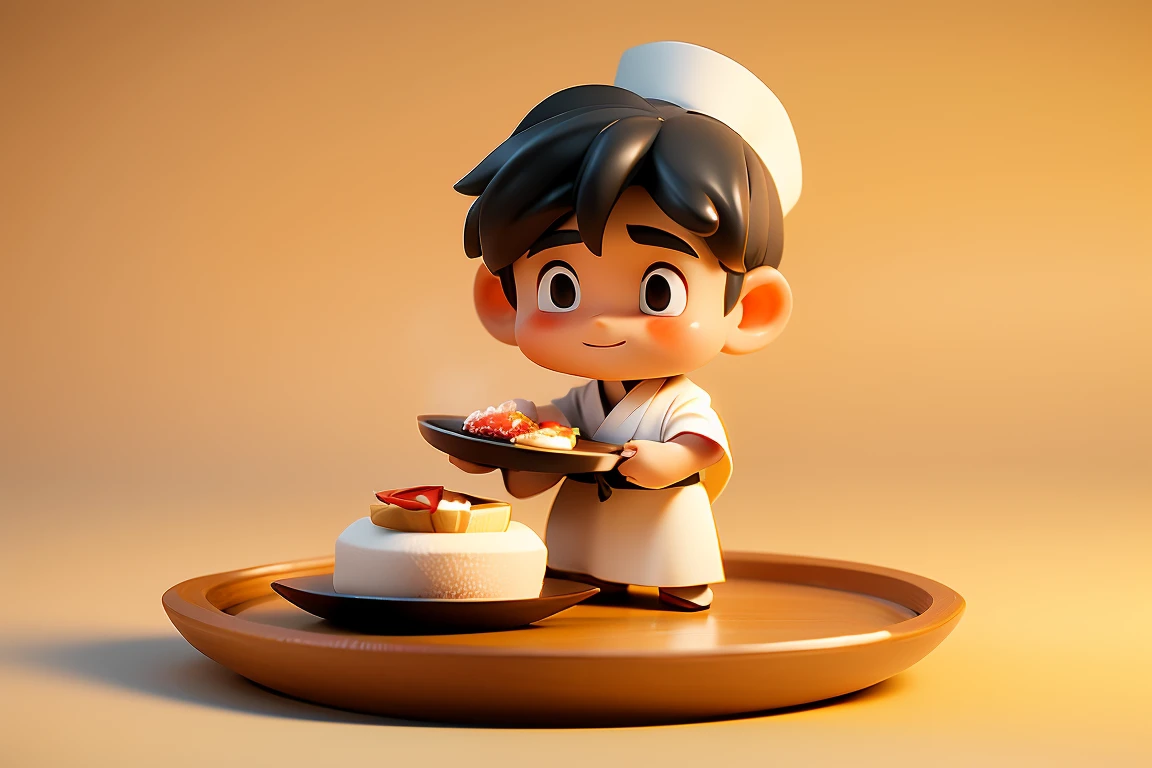 A 3d cartoon japanese chef with a white hat and red sash holds a steaming sushi on a plate, standing against a plain beige background. The atmosphere is warm and inviting, with soft lighting highlighting the details of the food and the chef's uniform.