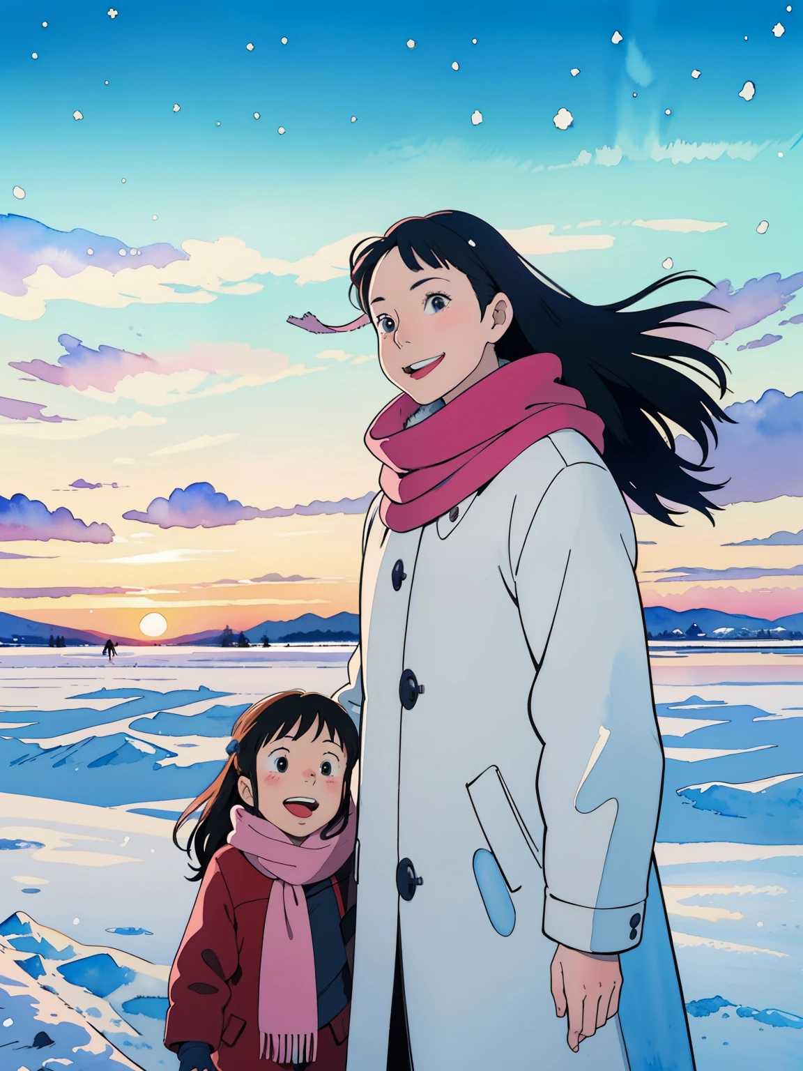 masterpiece，Best Quality，High image quality(Superflat, Flat Shading )，Beautiful young mother and her cute daughter，Warm scarf， (naked)，Long Hair, ice skating, smile, smile, White Breath，fun, play, winter, snow, dusk，Beautiful sunset，Wide angle, Vibrant colors, watercolor, Ghibli style，Strong winds，