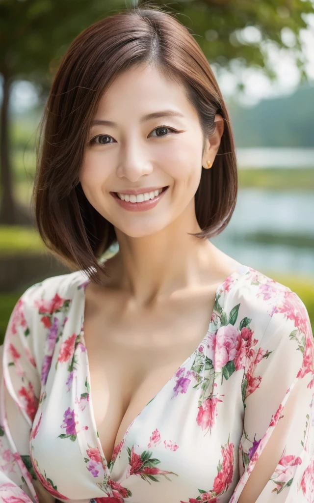 ((Best Quality)), ((masterpiece)), (detailed),Perfect Face,Japanese,landscape,Mature Woman,Upper Body,F Cup,Cleavage,blouse,smile