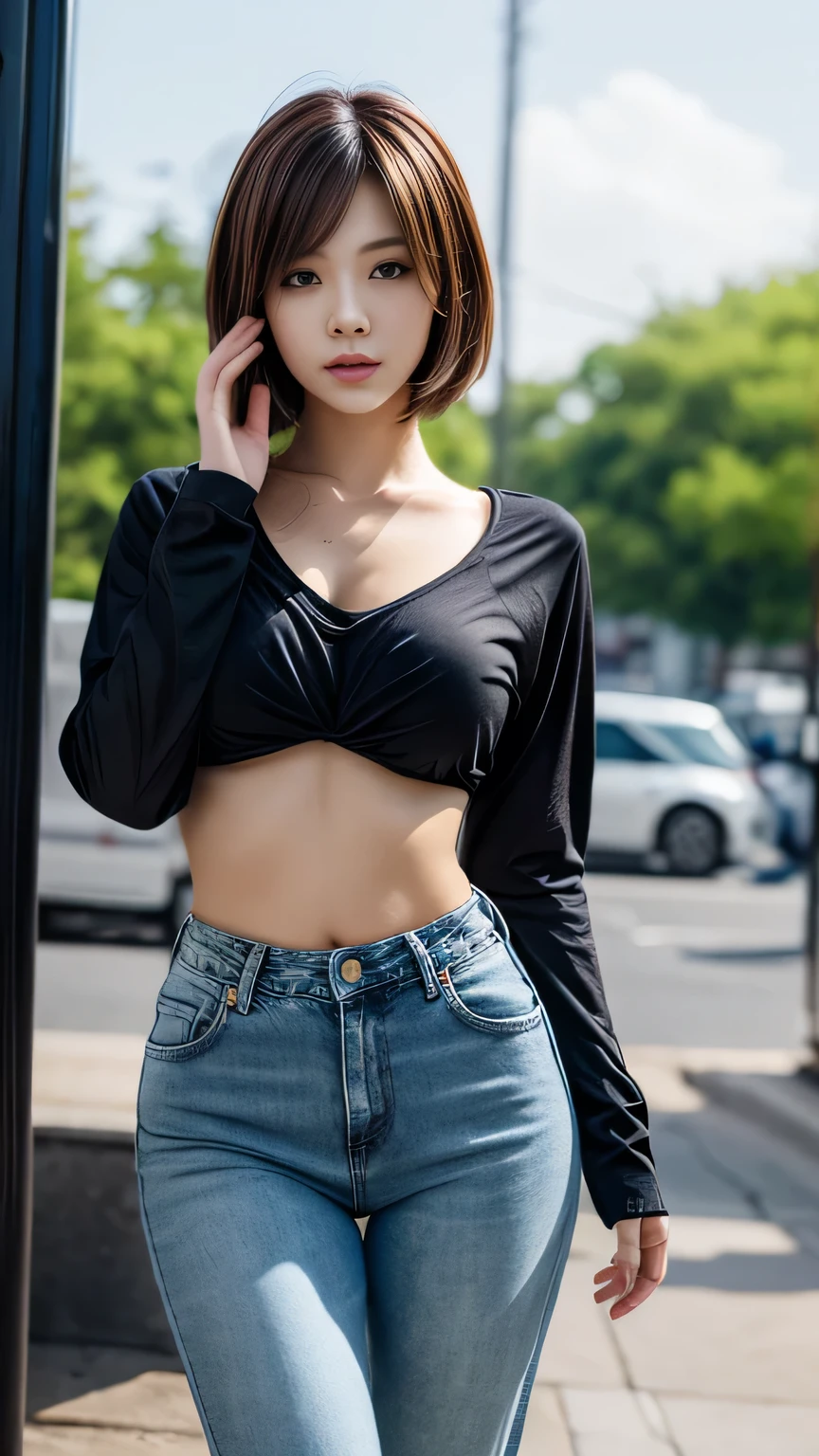 (ultra realistic, highly detailed:1.4), best quality, masterpiece
girl, a stunning young woman, 18 yo., short messy hair, t-shirt and high rise shorts, sitting, ((longtorso, ltso):1.1), (longneck:1.2), tall