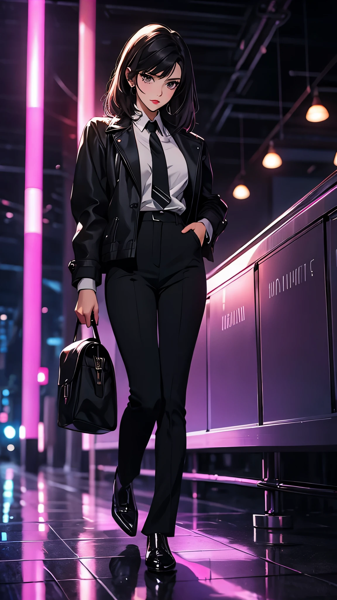 ((Masterpiece)), envision a 8k, highres, cinematic, extremely beautiful semi realistic full body pinup of a cute tomboy with a slender body, choppy black hair, side locks, strong face, slender face, long sweeping bangs, purple eyes, soft lips, lip gloss, thick eyebrows, round face, leather jacket, dress shirt, tie, dress pants, dress shoes, ((((1girl)))), in dark lighting, against a dark gray background