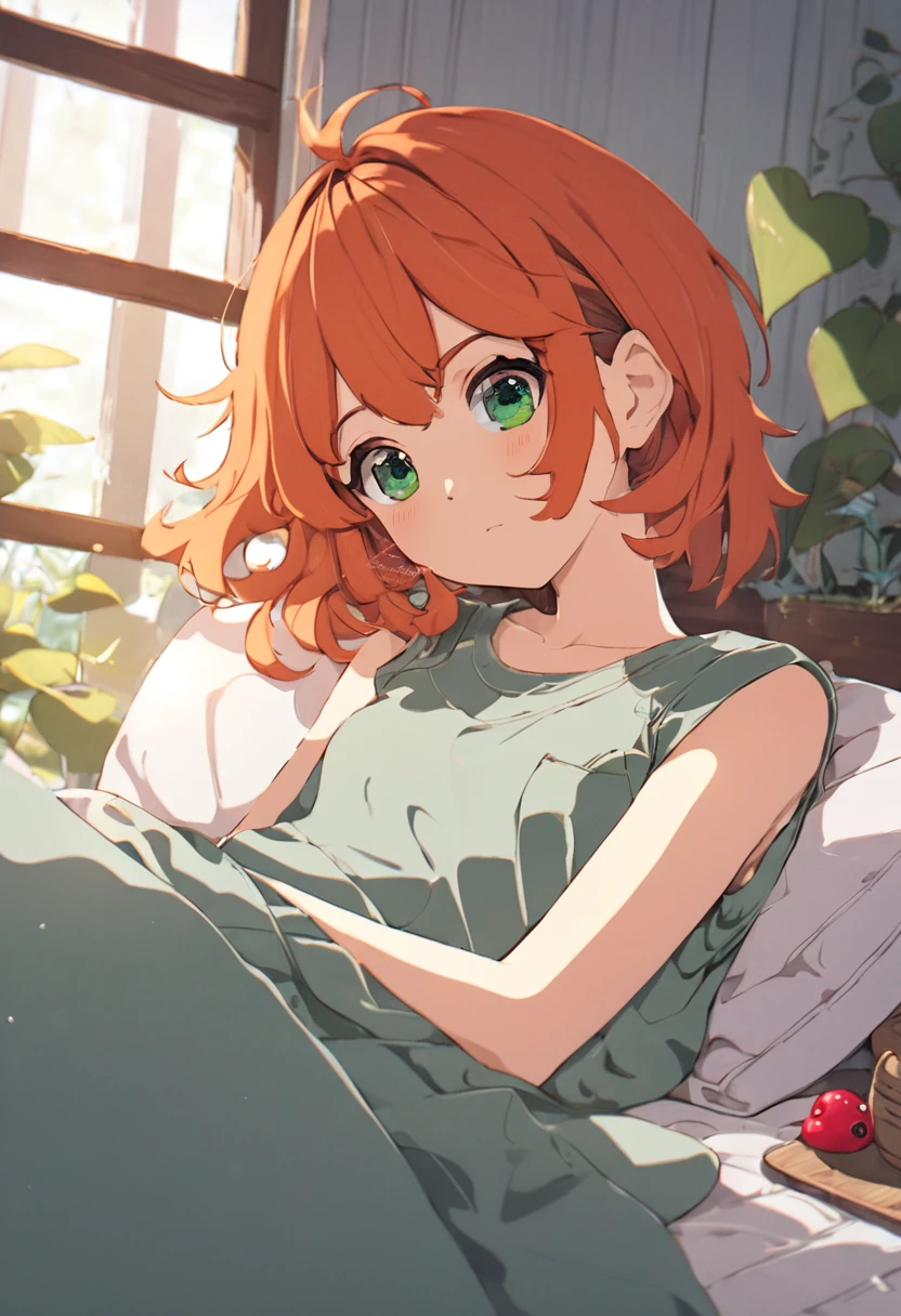 gonzarez, masterpiece, , 1girl, solo, , green eyes, orange hair , side ponytail, skirt, camisole, looking at viewers , crying, close eyes, tears