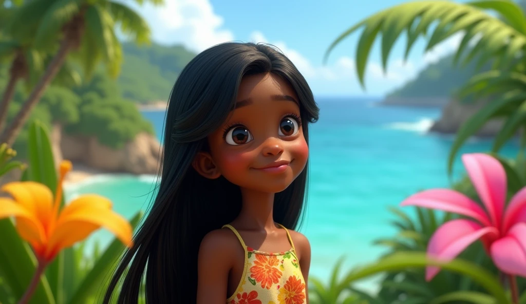 pixar character, , in biblical times, dark skin with straight wavy hair, Grinning, by the sea