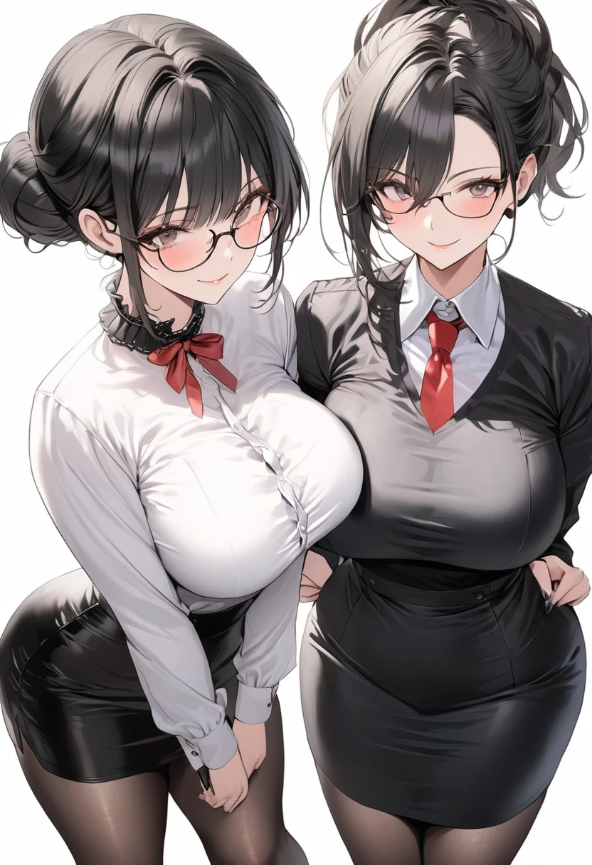 （（super high quality,））（（Ultra-high resolution,））（16K,）（super masterpiece,）（（Ultra HD ,））（Detailed shading,）Three sexy mature women,Side by side,Office Lady,（（popped Tight collar White shirts,））Unbutton the third button,Black tight skirt,Glasses,blush,Lewd smile,Sweaty,Bedroom at night,