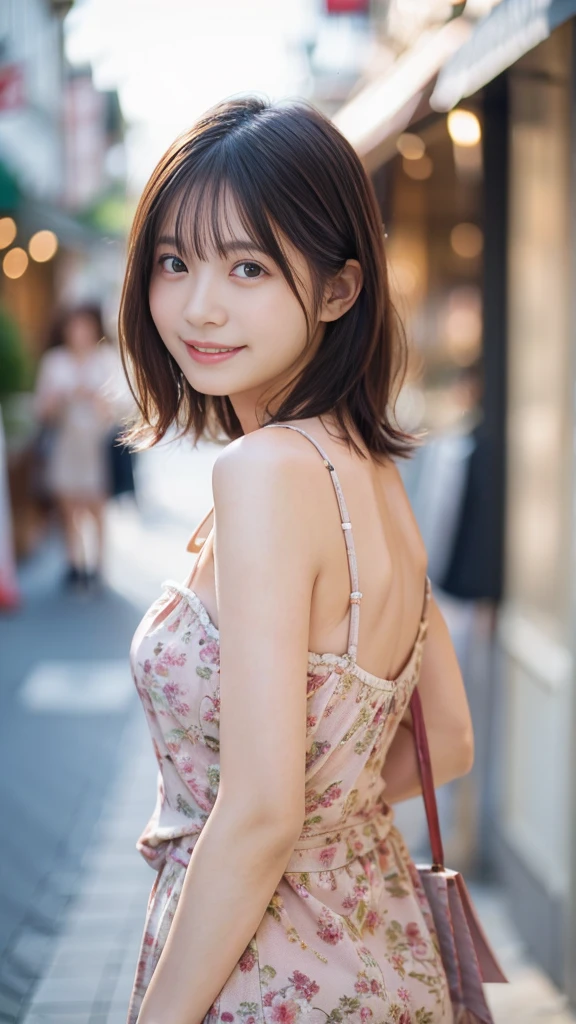 (Posing with an umbrella:1.5)、(Shopping street on a rainy day:1.5)、(Floral dress:1.5)、(Full-body photo:1.5)、highest quality, Photorealistic, Very detailed, finely, High resolution, 8K Wallpaper, Professional, High level of detail, ((One 18 year old girl:1.2)), Slender Japanese women,Pretty lips, (Beautiful long lashes:1.2)、Detailed clavicle, Perfect Face, (Cute short bob hair:1.5),Top Quality,Ultra-clear resolution,Clear Eyes,Sunburned skin,perfect medium breasts,A pretty necklace around the neck、have perfect legs,A kind smile、