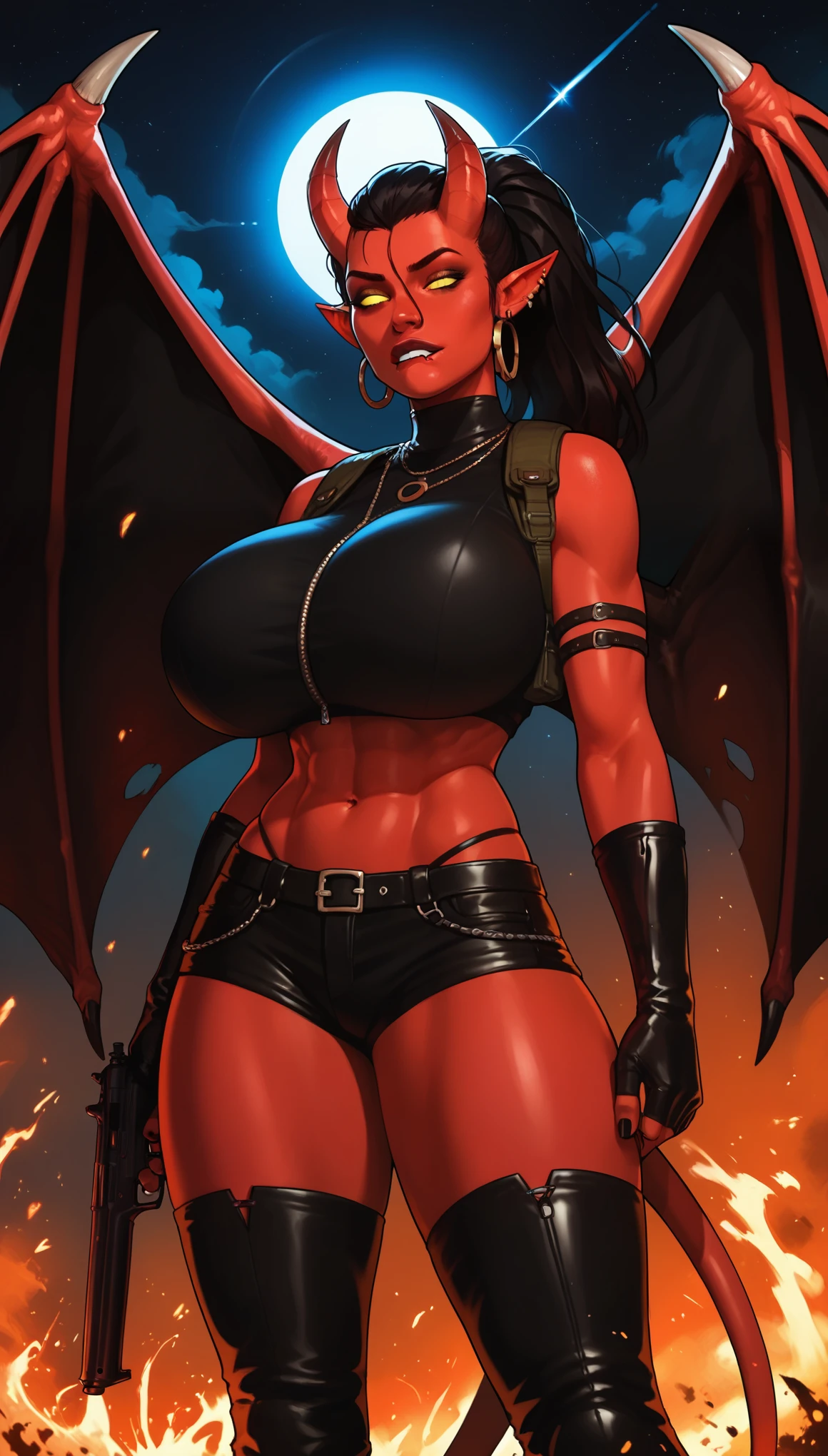 Red skin succubus tiefling, gigantic breasts, huge black horns, wings, huge tail, black leather, crop top, shorts, tactical gear, tall, toned, graceful, thin, long black ponytail. Action scene, shotgun. Dark scene, explosions, night sky. Biting lower lip