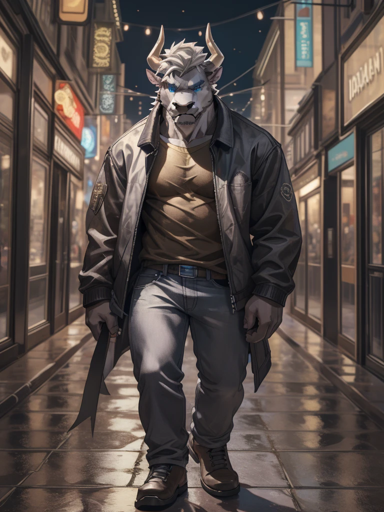 Masterpiece, Solo, (dark grey bull, A Pair of tan horns,  white hair), Blue eyes, Muscular Body, Handsome, nose ring,  Good Looking, Adult, Fierce, Smirking, Brown Shirt, Jean, Jacket, Furry Street Background with show the floor,full body.