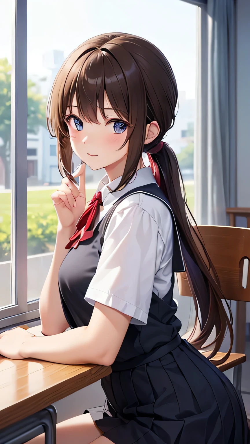 Anime girl sitting at a table with a laptop and a pen - SeaArt AI