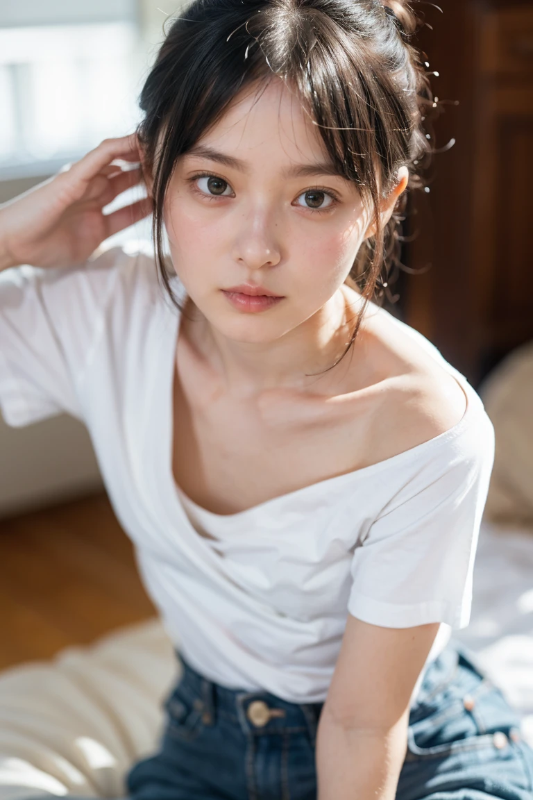 ((((Detailed details)))),(((masterpiece、highest quality、Very detailed:1.42、Focus on the eyes)))、Female in her late s、Portrait、Blurred cityscape at dusk、Silhouette of a building and street lamp、Medium length dark brown hair、Natural wavy curls、The wind is blowing lightly、Some of the hair falls to the side of the face、skin is smooth、Healthy olive color、Tan marks are faintly visible、Natural redness on the cheeks、A few tiny laugh lines on the forehead、Eyes with deep brown irises、The pupils are shining, reflecting the light、Long curled eyelashes、It accentuates the eyes、Eyebrows are thin and trimmed、Natural arch、The nose is small、Straight、Straight nose、Lips are plump、Soft pink lip gloss、Ultra-thin camisole、Bare feet on bare feet、A simple silver bracelet on her right wrist、A small diamond piercing shines in her left ear.、The expression is calm、Confident、smile、(((Enhance the contrast of light and shadow)))、Realistic texture and facial details
