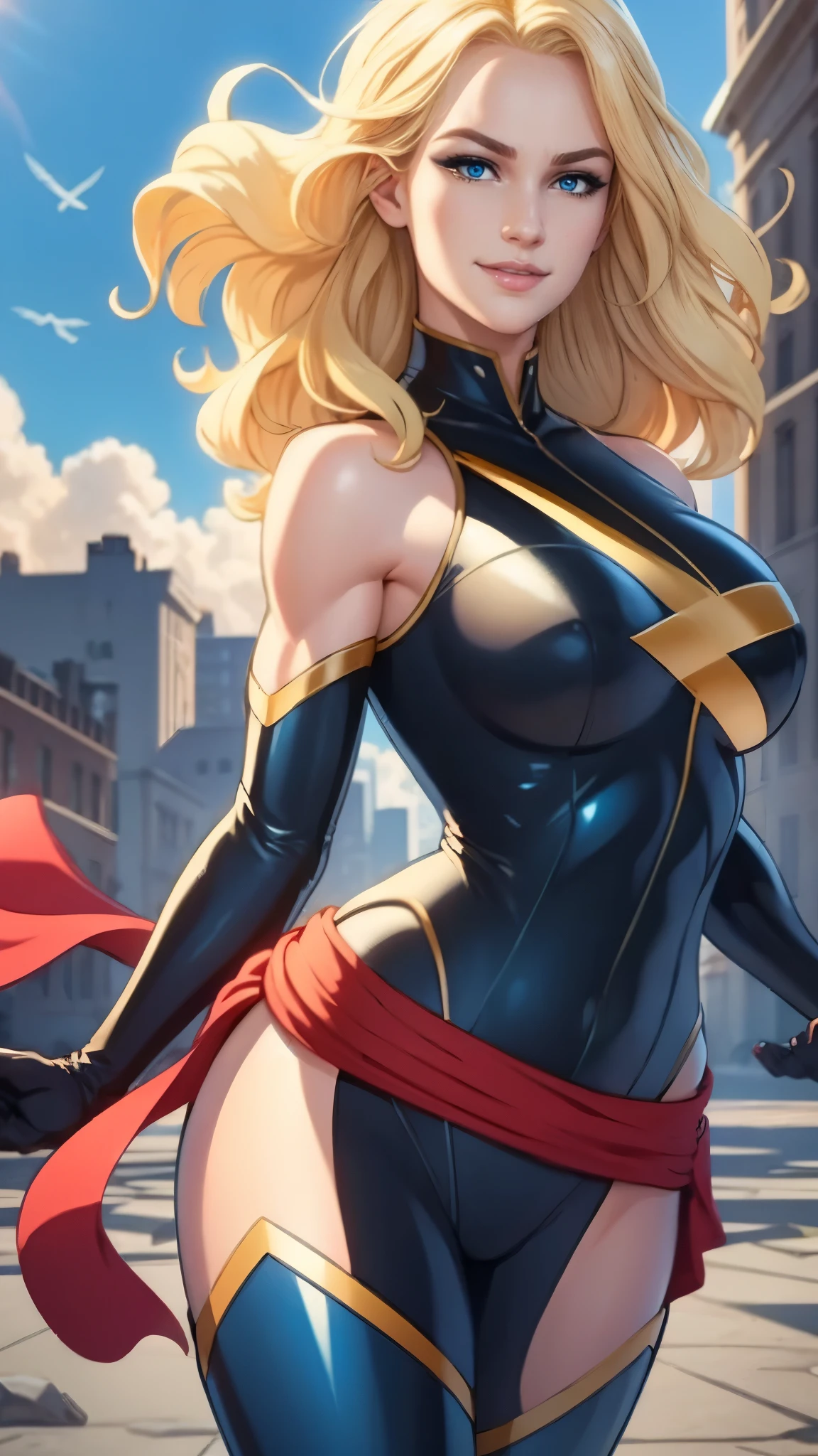 Carol Danvers da Marvel,(best qualityer,4K,8k,high resolution,work of art:1.2)(weather: windy), new york background, battle ruins, wide hips, long curly hair, blonde hair, sleeveless leotard, arm long gloves , red belt, thigh high boots, flying pose, ultra detailed,portrait,realistic,beautiful detailed blue eyes, beautiful detailed lips,extremely detailed eye and face, long eyelashes,average, large breasts,flying hair,beaming smile, sexy smile,powerful girl in combat, bright coloured, dramatic lighting,