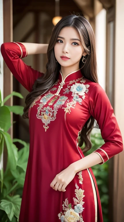 Mature Woman、(Crimson Hair)、((Black Hair))、(((Two-tone hair)))、(((A Chinese dress with delicate phoenix embroidery)))、((((A wall with a Chinese-style design))))、(((Detailed design)))、Slender women、Cute Woman、 8K Ultra HD,Detailed face、Delicate texture, Long Hair、(((Blunt bangs)))、Wavy Hair、Kung Fu Shoes、mini skirt、Chinese atmosphere、((Delicate photo)),(Girl Astepeace RAW Photo Details:1.25), (Highest quality:1.6), (Ultra-high resolution:1.5), (Realistic:1.75), 8k resolution, Canon EOS R5, 50mm, Absurd, Very detailed,Cinema Lighting