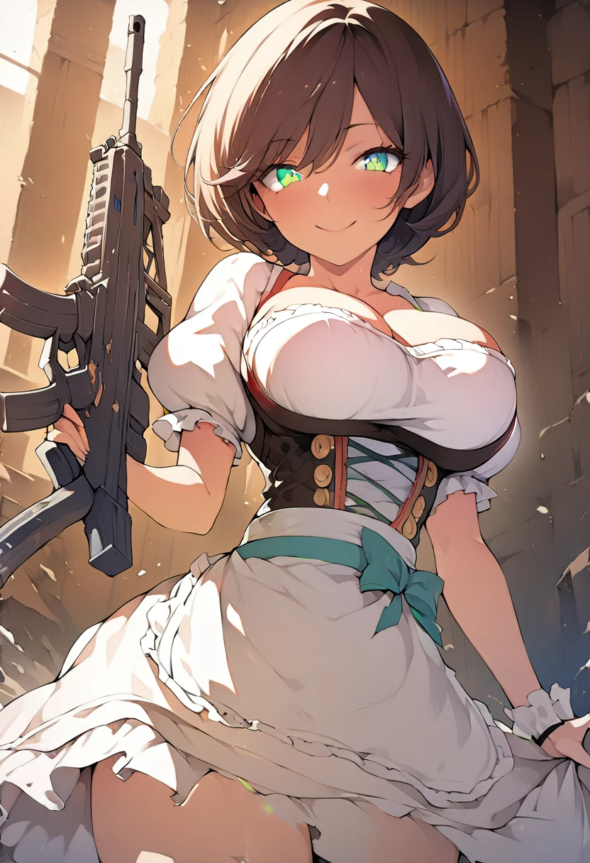 ((masterpiece)), (((best_quality))), ((ultra-detailed_illustration)), solo, beautiful_detailed_glow, beautiful_detailed_eyes, large_breasts, beautiful_detailed_girl, ((huntress:2, holding_assault_rifle:2, dirndl, short puffy sleeves)), (smile, looking_at_viewer, cowboy_shot, happy)