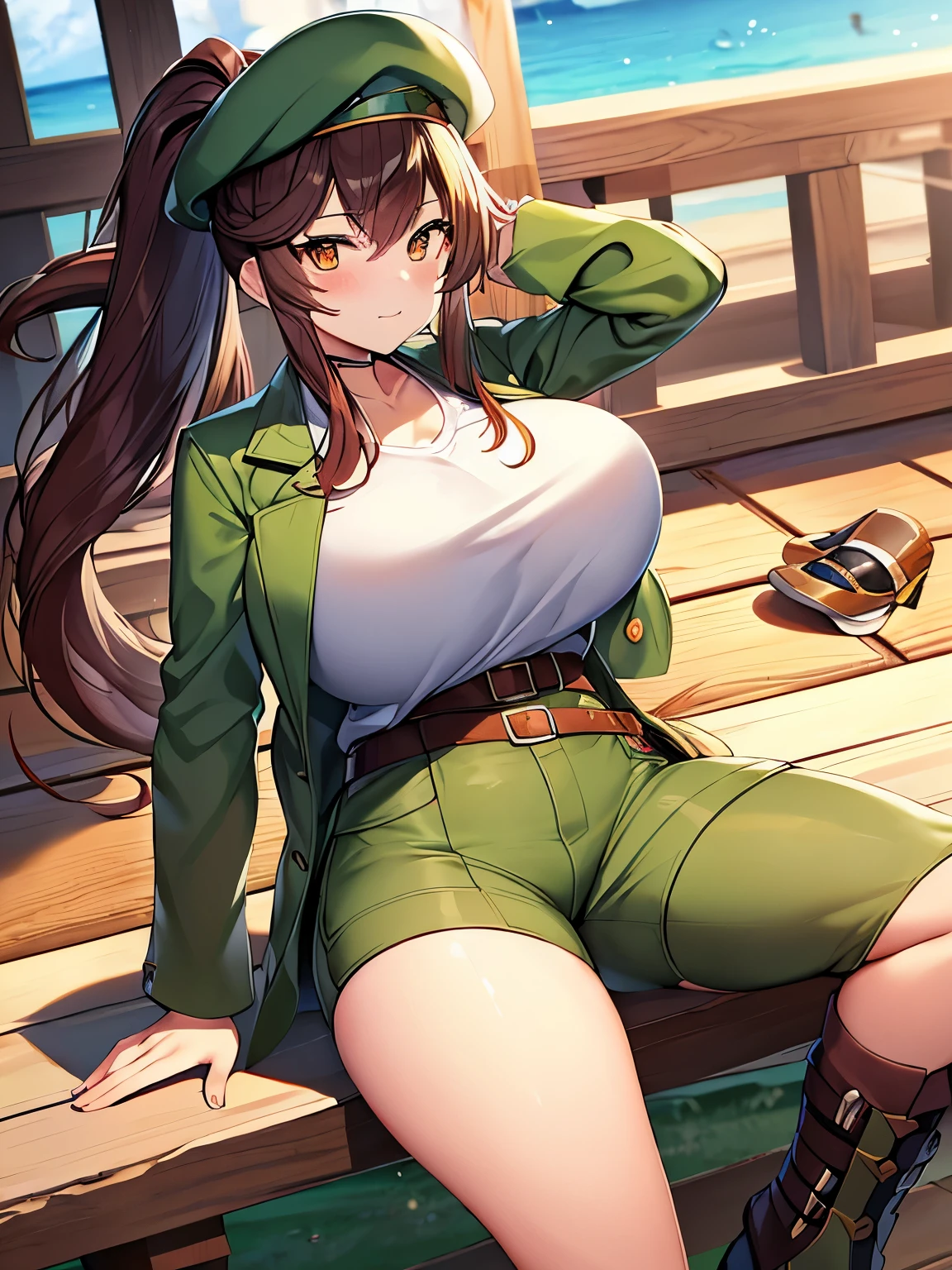 (masterpiece、highest quality、detailed)、Pokémon、Nemo、big tits milf、big tits milf、big tits milf、solo、Nemoナ、long hair、orange eyes、ponytail、look at viewer、uniform、military、soldier、belt、Green pants、beret、brown jacket、Metal、camouflage、sand漠、sand、dust、sun、put one&#39;s hand in one&#39;s pocket、fake smile、closed your mouth