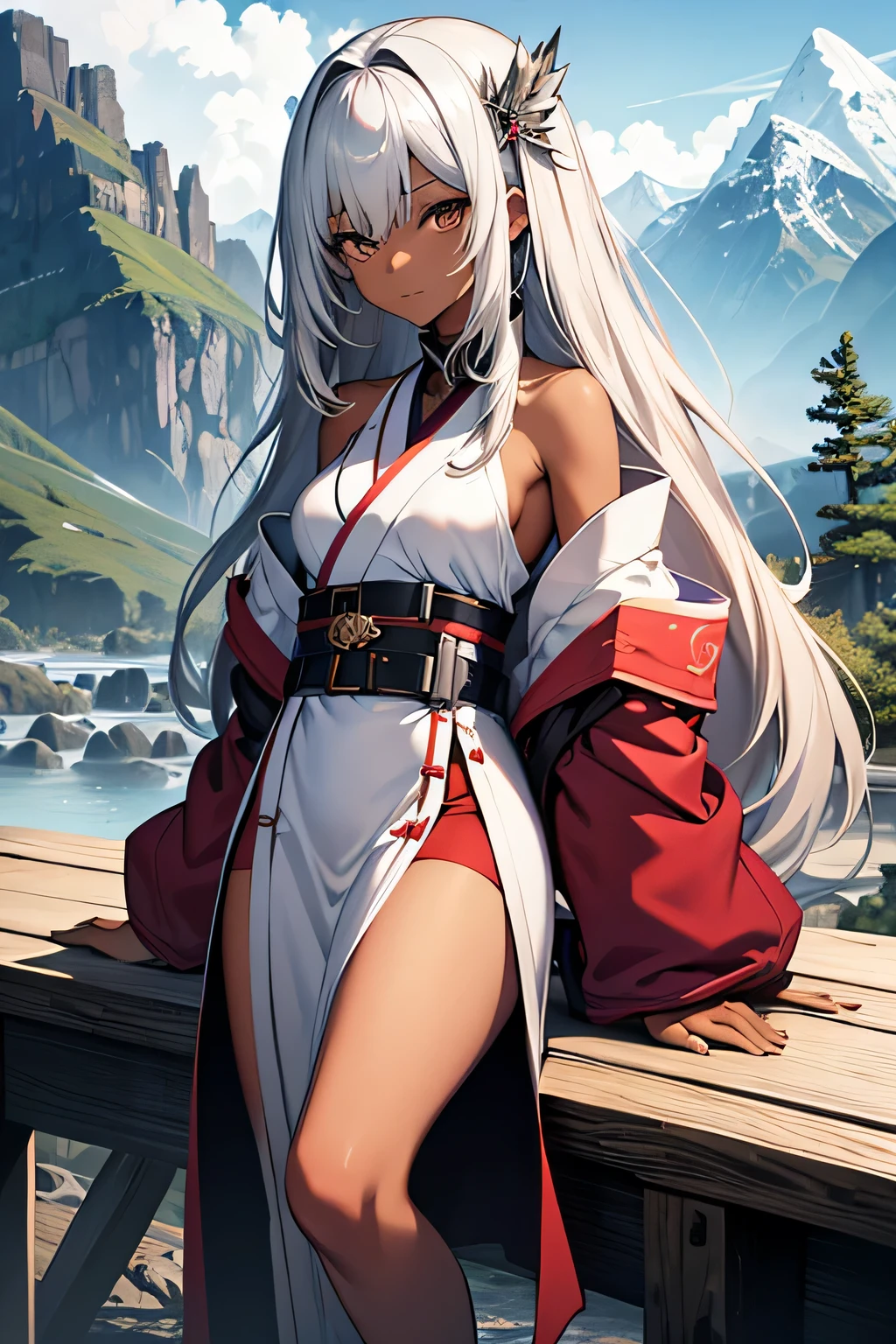 High resolution、Girl、Silver Hair、Long Hair,(Brown skin,Dark Skin,Sunburn),Lion ears、Grey Eyes、Slender、Toned body、Scarlet Hakama,Shrine maiden,,summer,7moon,Thousand Torii Gates,blue sky,Abdominal muscles