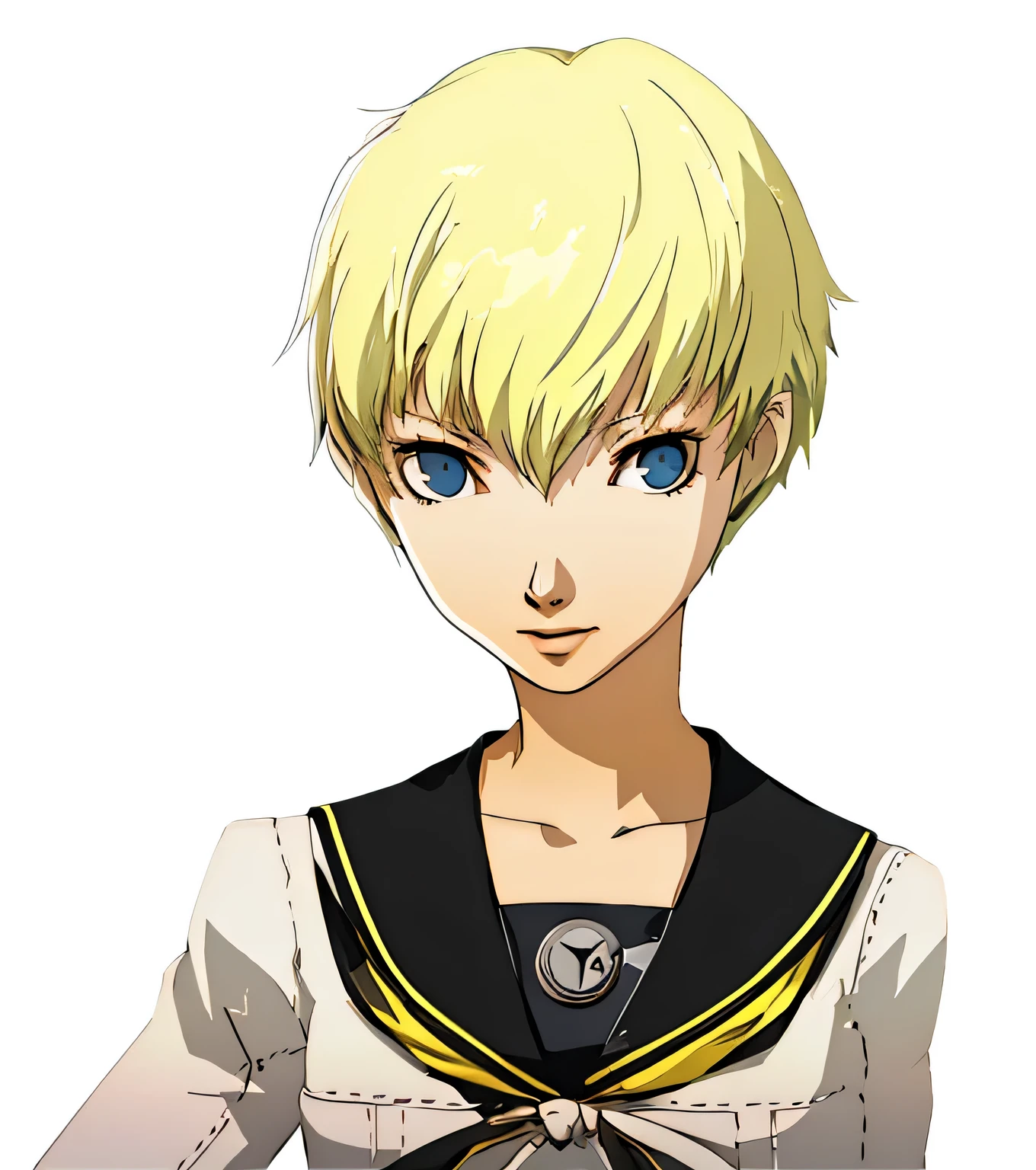 masterpiece, best quality, simple background, portrait, blonde hair, pixie cut, wispy bangs, very short hair, tomboy, persona 4, game cg, official art, closed mouth, portrait, upper body, lips, facing viewer