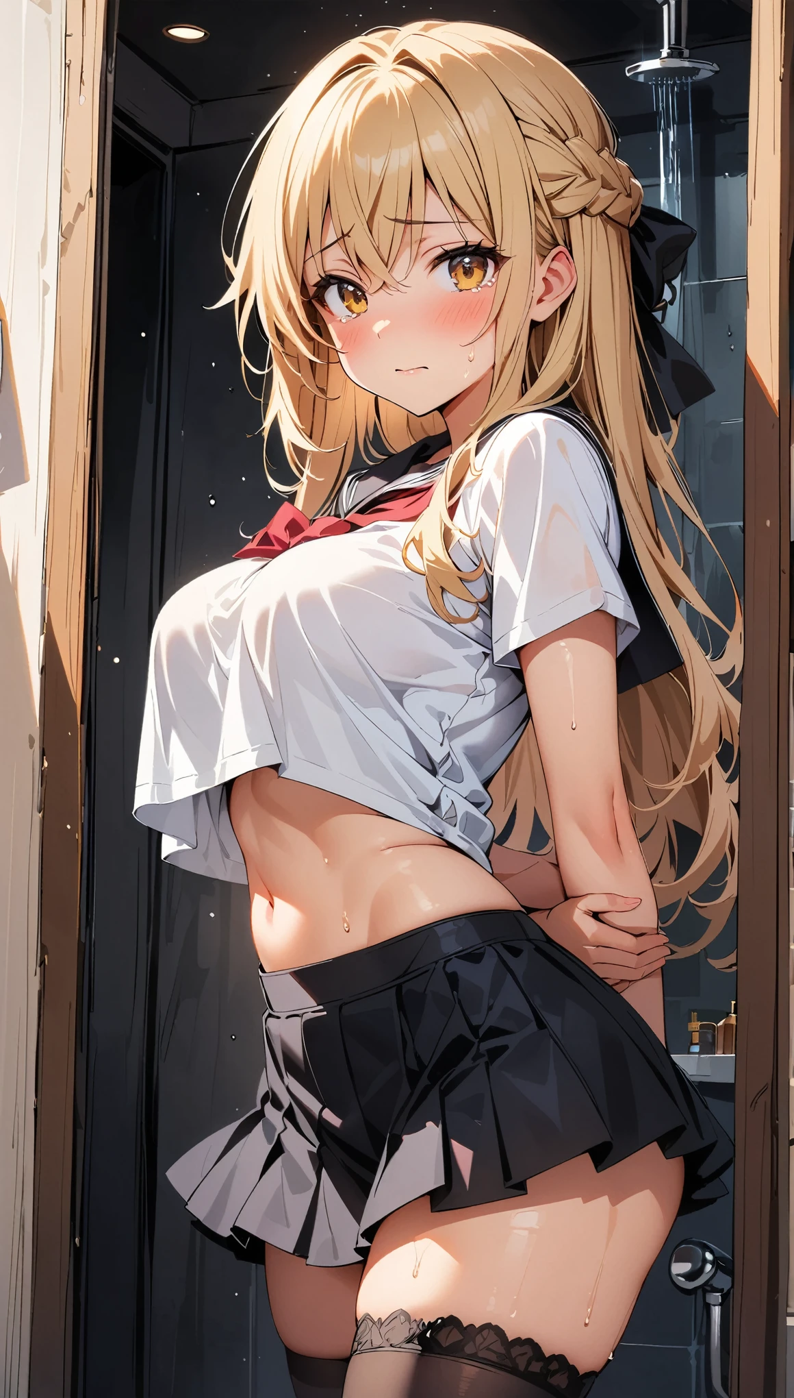 (The beauty of one beautiful girl、shiina mahir、Brown-eyed(High resolution eyes、Beautiful eyes、Light in the eyes)、super high precision、hiquality、top-quality、animesque、2D、Blonde Long Hair、Fine-grained skin、Red cheeks、Red earischievous、During naughty delusions、Beautiful small breasts)、Close-up representation of a single person, (full body))(、Full body like、Wearing a 、aamahiru, long hair, red bowtie, white shirt, short sleeves, plaid skirt, brown skirt, pantyhose aamahiru, long hair, red bowtie, blue jacket, blazer, long sleeves, plaid skirt, brown skirt, pantyhose (show off nipples:1.6), (exposing bare breasts:1.3), (exposed chest:1.3), (no bra:1.3),(open shirt:1.2),(round face:1.6), (baby face:1.6), (kawaii:1.6), (cute:1.6), (****:1.6),