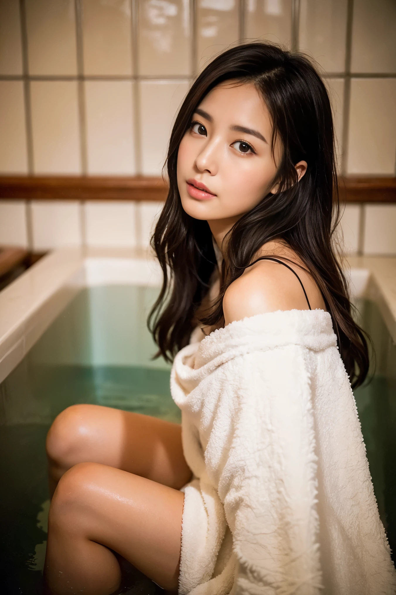 ulzzang-6500-v1.1, (RAW Photos:1.2), (Photorealistic), Beautiful detailed girl, (Genuine: 1.4), Very detailed目と顔, Beautiful and detailed, ((Wrapped in a bath towel:1.3))、Standing on the toilet、Embarrassing pose、(A very kind smile:1.2)、Huge file sizes, High resolution, Very detailed, Highest quality, [masterpiece:1.6], Awareness-raising, Very detailed, Hmph, finely, Highest quality, 8k wallpaper, Cinema Lighting, 1 Girl, , Perfect figure, Cute droopy eyes、Beautiful big eyes、 ((masterpiece)), Highest quality, 1 Girl, eye shadow, Upper Body, Portraiture, ((Full Body Shot:1.5))、