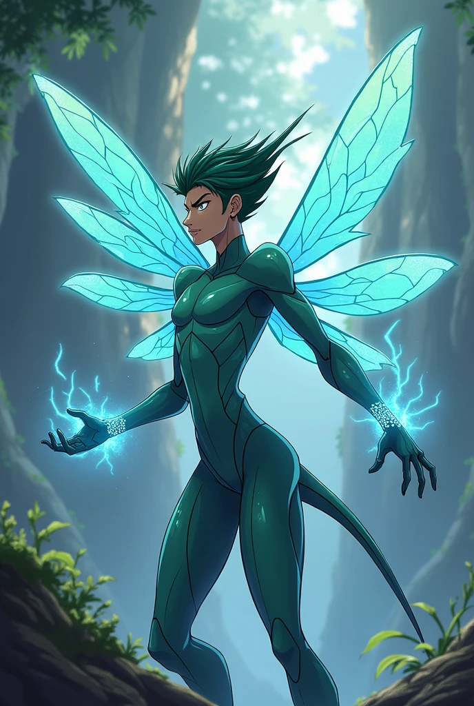 Hot, beautiful insect dragonfly man, Guyver style, evil smile, scaraber reploid, bellows tail, cel shade adult animation, alien king , Long blue hair