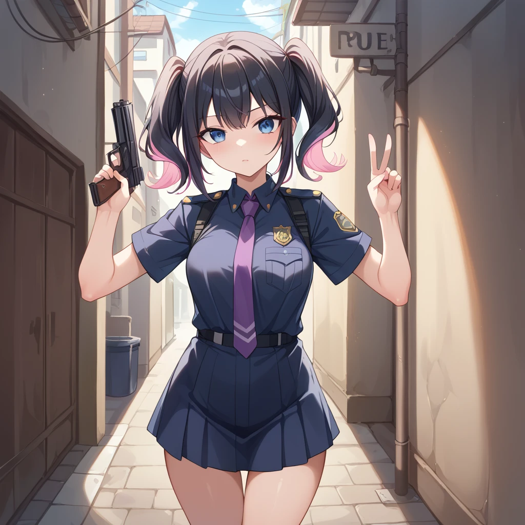 ((Highest quality))、(masterpiece)、(Realistic Shadows)、NSFW、(１ beautiful girl),Subjective、stand、、Blue eyes、Black color police uniform、Blackｙshirt、Purple tie、night、Alley、double finger gun、gun、Twin tails、short hair、(colored inner hair　black hair + pink inner hair)