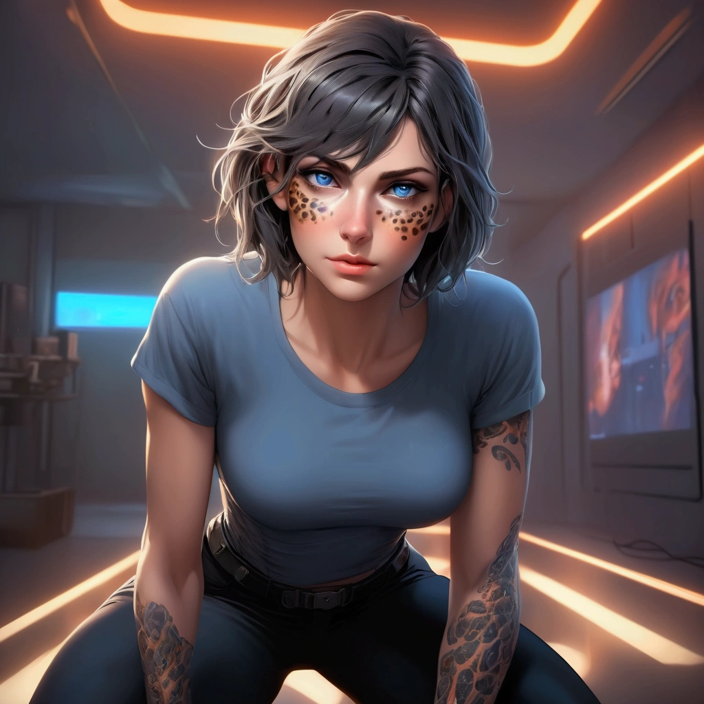 ezri, female, brown leopard spots on sides of face and neck and chest, blue eyes, light skin, very short hair, looking at viewer, (wearing grey t-shirt and black trousers:1.1), medium breasts, wide shot, front view, orange room in background, centered subject, nicole de boer, veins popping out on her skin. She is being brainwashed into becoming a Borg, with an eyepatch covering one eye. There are cables attached to her body, merging with her flesh. The overall scene has a luma effect, giving it a surreal glow. The woman's face is extremely detailed, with intricate features and expressions. Her eyes are particularly captivating, with a mesmerizing quality to them. The image is of the highest quality, with 4K resolution and ultra-detailed rendering. It has a realistic and photorealistic appearance, almost resembling a masterpiece. The art style leans towards a cyberpunk concept, with a fusion of sci-fi elements. The color tone is dominated by shades of blue, giving it a cold and futuristic atmosphere. The lighting is dramatic, with bright highlights and deep shadows, adding intensity to
