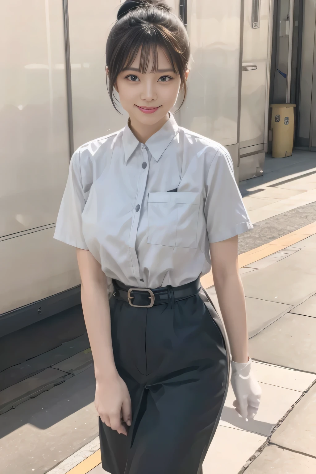 (masterpiece:1.2, Best Quality:1.2), 32K HDR, High resolution, (Alone、1 girl)、(On the roof of a building during the day、Professional Lighting)、Building rooftop background、(Real style woman wearing train crew uniform6)、(woman train crew uniform6 blouse short sleeve 、 Knee-length culottes skirt、Belt on waist)、Dark brown hair、(Hair tied up、Hair Bun)、Dark brown hair、Long Shot、Big Breasts、Thin legs、((Great hands:2.0)),((Harmonious body proportions:1.5)),((Normal limbs:2.0)),((Normal finger:2.0)),((Delicate eyes:2.0)),((Normal eyes:2.0)))、smile、(woman train crew uniform6 Knee-length culottes skirtを見せた美しい立ち姿)