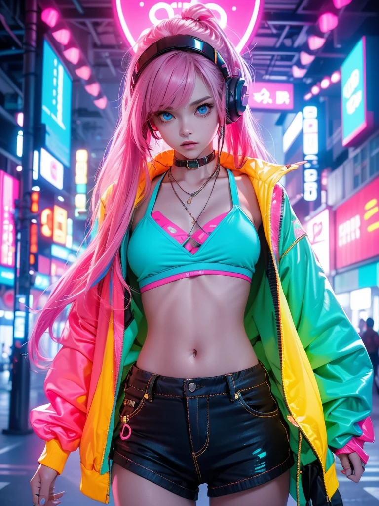 A fashionable young girl with long, multi-colored hair wears a neon pink bomber jacket over a revealing turquoise bikini top. She sports large, glowing headphones and has striking blue eyes. The background features dim lighting with illuminated neon accents, creating a vibrant, cyberpunk atmosphere. The character's confident pose and stylish attire emphasize a modern, edgy aesthetic.