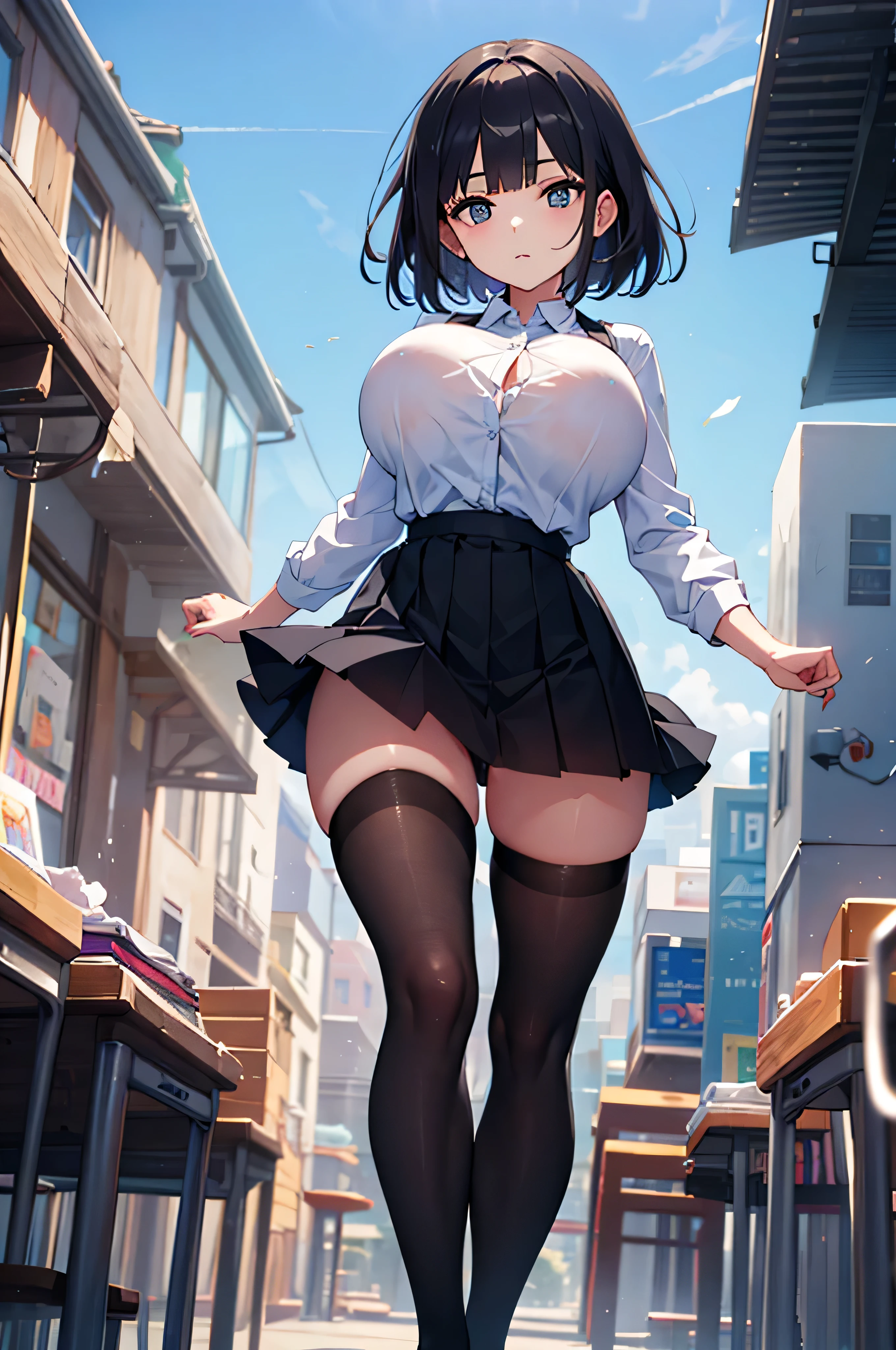 (solo), (1 skinny girl standing at school alone), (swaying back), arms behind back, tiptoe, BREAK, black bob cut, blunt bangs, (violently bouncing huge breasts:1.3), bursting huge breasts, long breasts, narrow shoulders, very short torso, skinny narrow waist, long skinny legs, BREAK, school uniform, (white blouse with closing chest), pleated black high-waist skirt, thigh gap, (inky-black thighhighs:1.3)