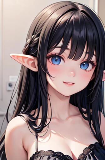 ((best quality, masterpiece, 4k, Best anatomy)), moody lighting, beautiful elf woman, ((crimson red hair)), ((very long hair)), perfect face, innocent smile, sparkling eyes, ((blue gray eyes)), ((naked)), (()), ((slender)), ((flat chest)), ((18 years old)), skindentation, extreme detail, attractive oval face, pink lips, pink nipples, glossy skin, detailed hair, face focus, close-up chest, gold ornamental necklace, earrings, ((1 girl)), blush, embarrassed expression, anime girl