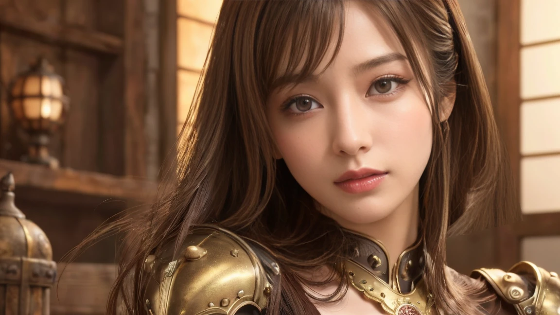 ((masterpiece, Best Quality, High resolution, 8K wallpaper incorporating highly detailed CG,Super detailed)), (Stunning Goddess Shot, Very hot and sexy, Incredible beauty, Perfect Proportions, Beautiful body, The beauty of a glamorous body:1.3)、Japanese、Mature Woman、Beautiful Face、Beauty、Beauty、Cute woman、Alluring、Super big breasts、Cute eyes、Detailed Eyes、Brown eyes、Long eyelashes、Brown Hair、Steampunk、Iron Armor、Iron Armor、A ruined Japanese city、Home、earthquake