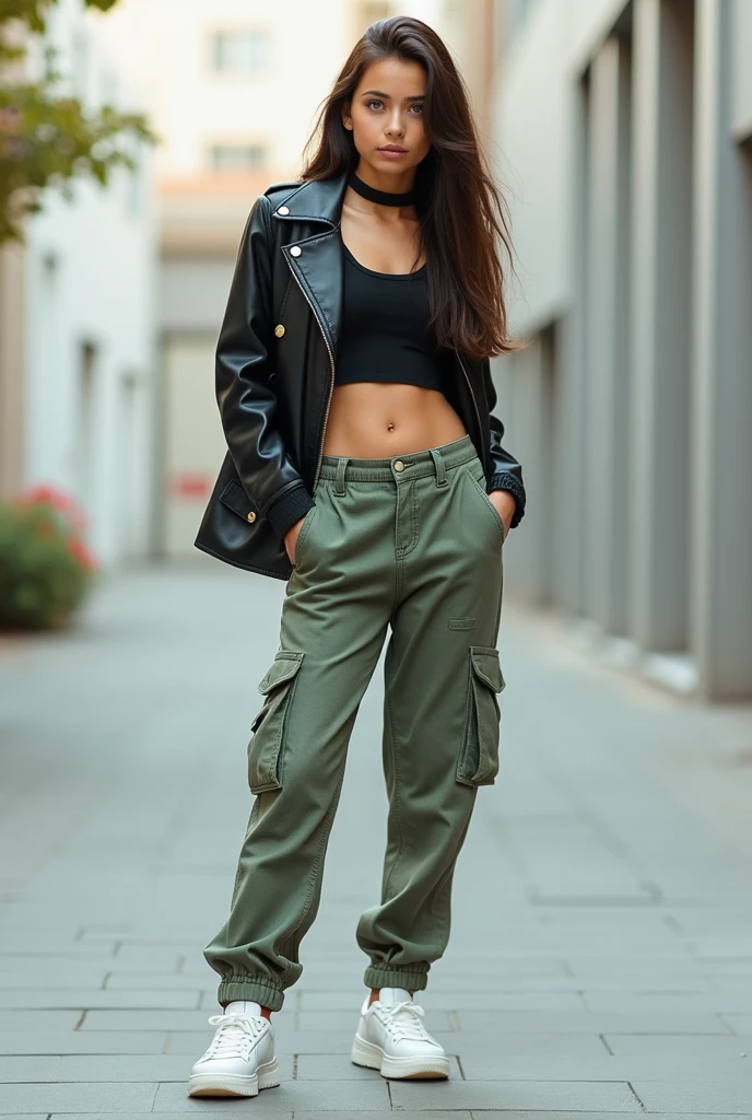 Full body photo of a woman in her 20s, ((pale skin, dark brown hair): 1.2), ((long hair falling in waves, neat hair)), big breasts, big butt, thick legs, wearing ((black wide legs pants with camouflage,)) black shirt, crop top, abdomen)), ((jeans, waist, hips, thighs photo): 1.4), ((walking, outdoors, city): 1.2), ((red lipstick, eyeliner, eye shadow, blush): 1.1), ((best quality, masterpiece, extreme detail, high resolution): 1.2), ((detailed eyes, beautiful eyes, detailed face, beautiful face): 1.2), with (((Gucci boots design 2024)))