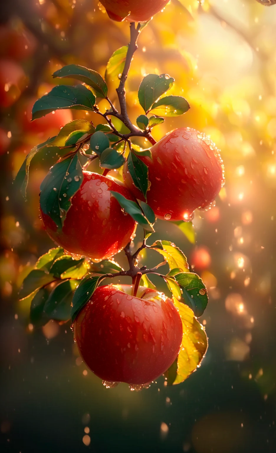 there are two apples hanging from a tree with water droplets, red apples, red apple, apple, apple tree, the goddess of autumn harvest, apples, apple trees, with apple, 中 元 节, inspired by Wen Zhenheng, apple design, by Yang Borun, by Shitao, 2 5 6 x 2 5 6