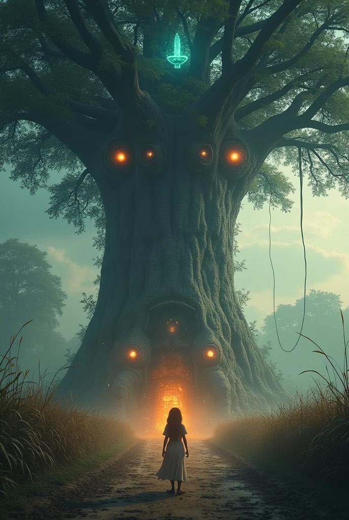 A surreal, mystical scene set in a dark, enchanted forest, The focus is on a massive, ethereal face made entirely of intertwining, gnarled tree roots and branches, with glowing, fiery orange eyes that radiate an intense, otherworldly energy, The face appears to be emerging from or merging with the forest, as if the spirit of the woods is coming to life. The background features a misty, blue-toned forest with twisted, ancient trees, their branches reaching out like skeletal arms. The atmosphere is both eerie and awe-inspiring, filled with a sense of ancient magic and the power of nature, 8k, Intricate details, depth of field, sharp focus, Cinematic natural Lighting, Deep Focus, f/22, Cinematic film still, shot on Sony a7R V, film grain, color graded, post-processed, cinematic lighting, 35mm film, best quality