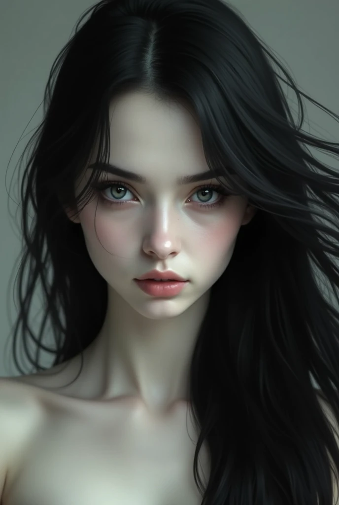 **Artistic, stylized image featuring the serene and ethereal visage of a "[Beautiful Skeleton Queen]. The face is sculpted in a soft, monochromatic gray tone, giving it a calm and peaceful appearance. The edges of the face blend into flowing, ribbon-like shapes that frame the face, adding a sense of fluidity and movement. The background is a gradient of soft black tones, complementing the overall cool and peaceful aesthetic of the artwork. The image has a three-dimensional quality to it, with shadows and highlights enhancing the depth and contours of the face and surrounding elements**