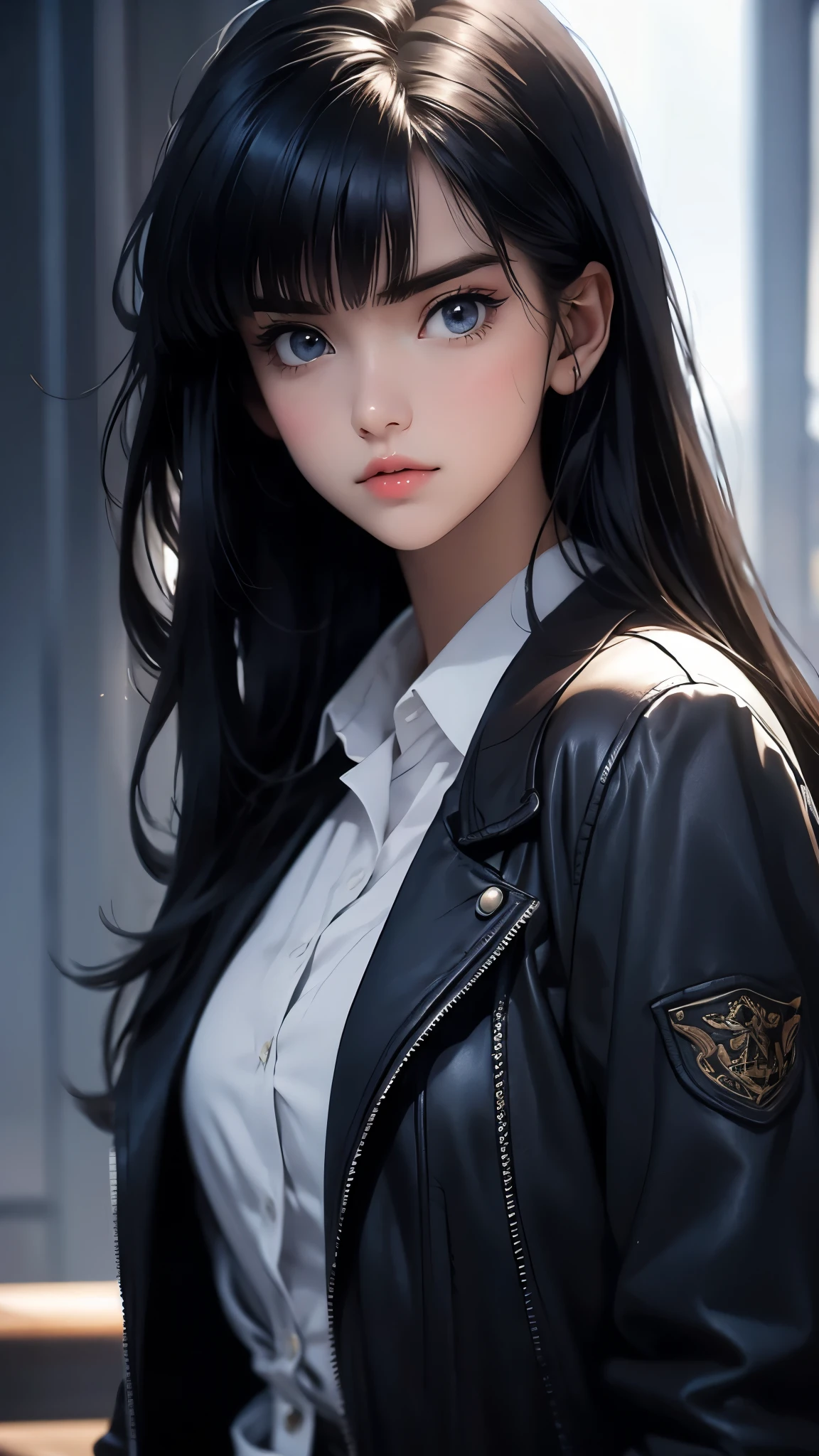 ((Masterpiece)), envision a 8k, highres, cinematic, extremely beautiful semi realistic close up portrait of a cute tomboy with a slender body, choppy black hair, side locks, strong face, slender face, long sweeping bangs, blue eyes, soft lips, lip gloss, thick eyebrows, round face, leather jacket, dress shirt, tie, ((((1girl)))), in dark lighting, against a dark gray background