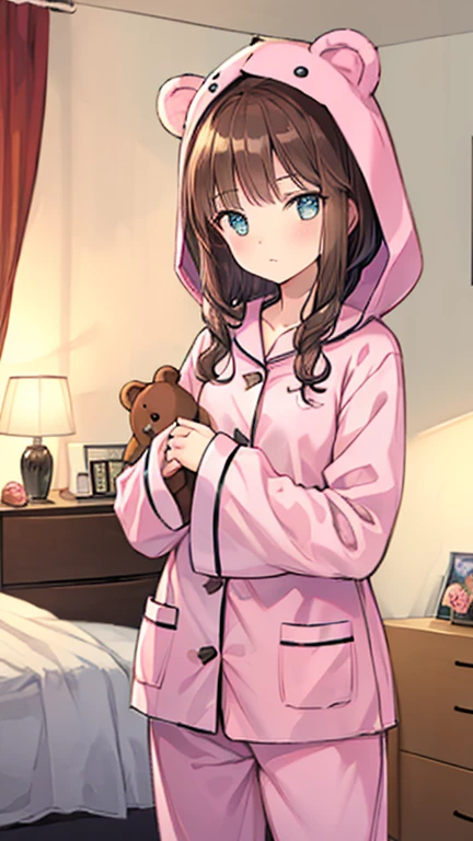 brown hair, (animal hood, bear ears), fake animal ears, textured skin, high details, high quality, best quality, masterpiece, Girl wearing a bear costume, ((bear costume style pajamas)), bedroom, stuffed animal