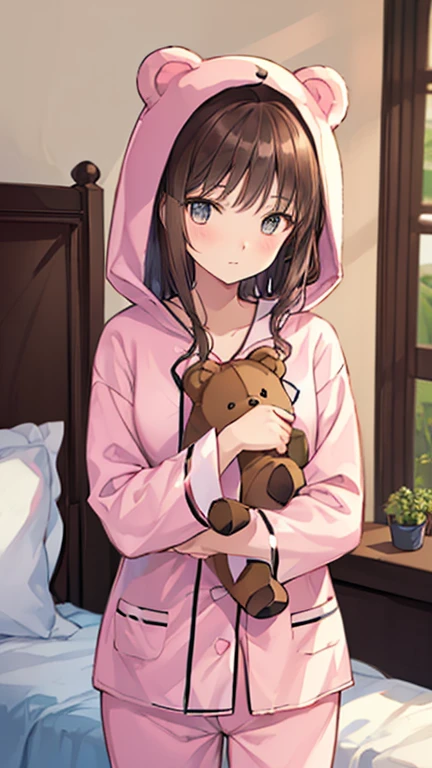 brown hair, (animal hood, bear ears), fake animal ears, textured skin, high details, high quality, best quality, masterpiece, Girl wearing a bear costume, ((bear costume style pajamas)), bedroom, stuffed animal