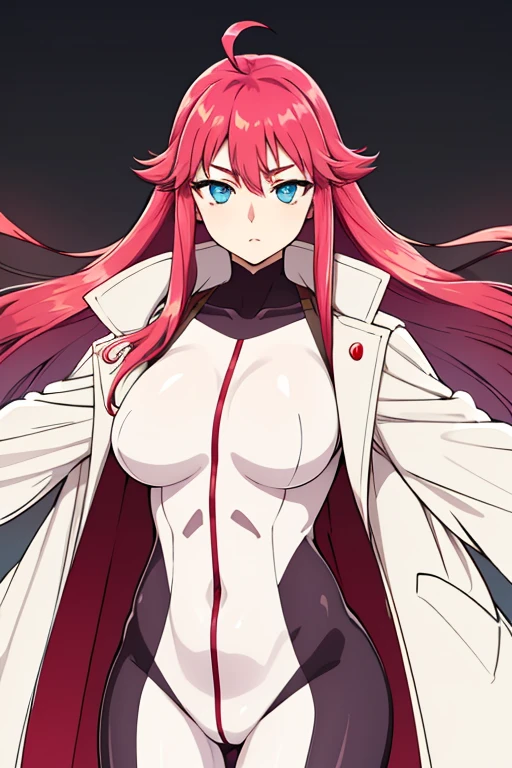 High resolution, masterpiece, Best Quality, High-resolution model, Ultra high definition, Red Hair, Very long hair, Ahoge、Large Breasts, blue eyes, Pink bodysuit、White long coat on shoulders