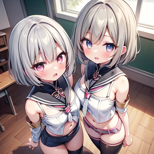 (cute eyes:1.3), (sparkling eyes:1.2), highest quality,wonderful,finely,extremely detailed CG Unity 8K wallpaper, (girl), (white hair, pink eyes, short hair, straight hair, nekomimi, (clothed)), (skinny body:1.3),(huge breasts), (sailor uniform:1.2), (Open clothes:1.2),(wariza:1.4), (arms behind head:1.4), (cum on nipple:1.2),(torn clothes:1.2) (open mouth:1.1), (embarrassed:1.1), (Black knee socks:1.1),(Thighs:1.2),(Waistline:1.2), (from above:1.2)