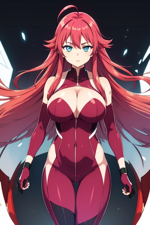 High resolution, masterpiece, Best Quality, High-resolution model, Ultra high definition, Red Hair, Very long hair, Ahoge、Large Breasts, blue eyes, Pink bodysuit、