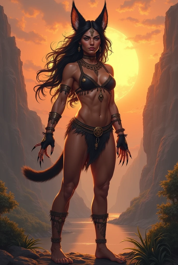 oil painting in the style of Frank Frazetta, a ((native american elf)). She wears a brown leather bikini, fur boots, fur bracers. (((native American))), 1woman , curvy, slim waist. ((black hair)), long hair, coco skin, Dark skin, brown eyes. (detailed eyes, detailed face), smile, red lips. Square jaw, high cheekbones, strong jaw line. Show her walking through the forest with a wolf, exaggerated pose. grey wolf, panting. pov from the side