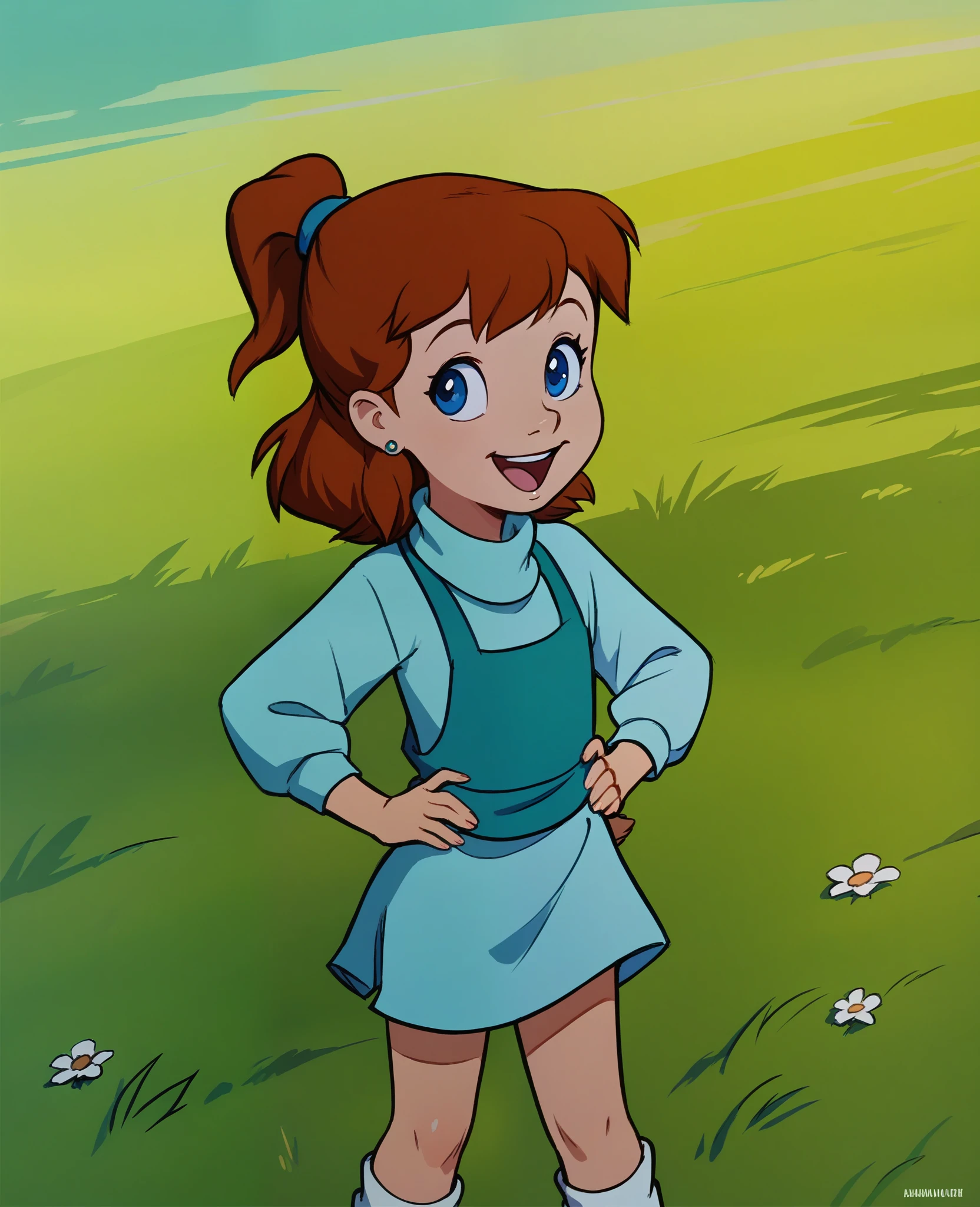 score_8, score_9, jenny, 1 girl, solo, brown hair, ponytail, blue eyes, earrings, standing, on grass, hands on hips, open smile