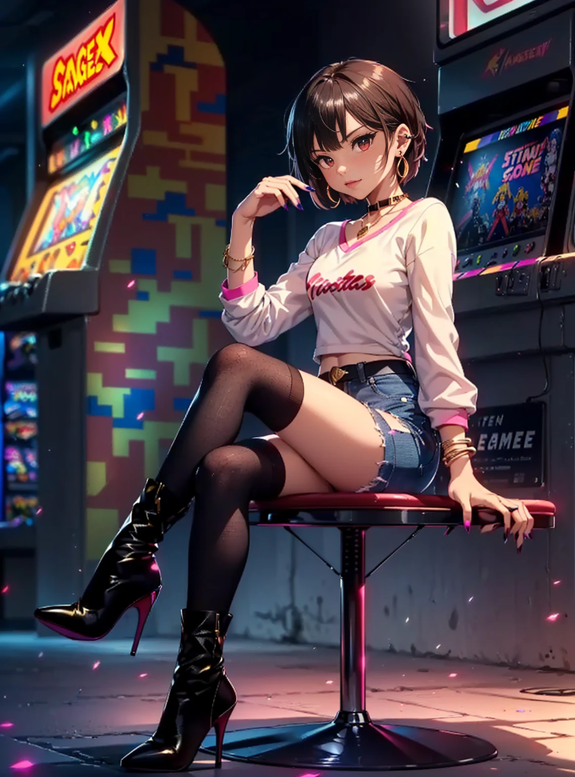 ((1girl, solo ,alone, megumin, short hair, red eyes, ピンク色 hair, ((short woman, small bust)), painted nails, gold bracelets, ruby earrings)), ((solo, 1woman, pink lipstick, Extremely detailed, ambient soft lighting, 4k, perfect eyes, a perfect face, perfect lighting, a 1girl)), austere, (( white sweatshirt, printed sweatshirt, long sleeve, denim shorts, black socks, long socks, heeled boots, stiletto heels, necklace, bracelets, earrings, sitting, crossed legs, arcade, video games, game store, smug ))